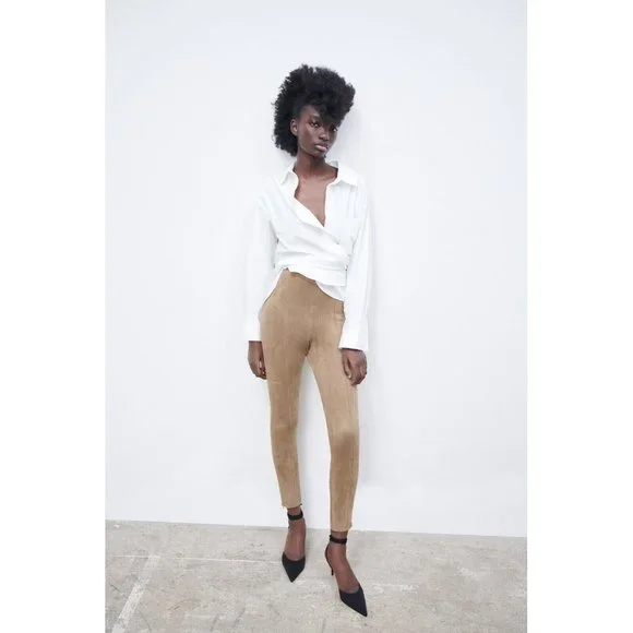 New ZARA Women's Size Small Taupe Brown Faux Suede High Waisted Leggings  Pants S